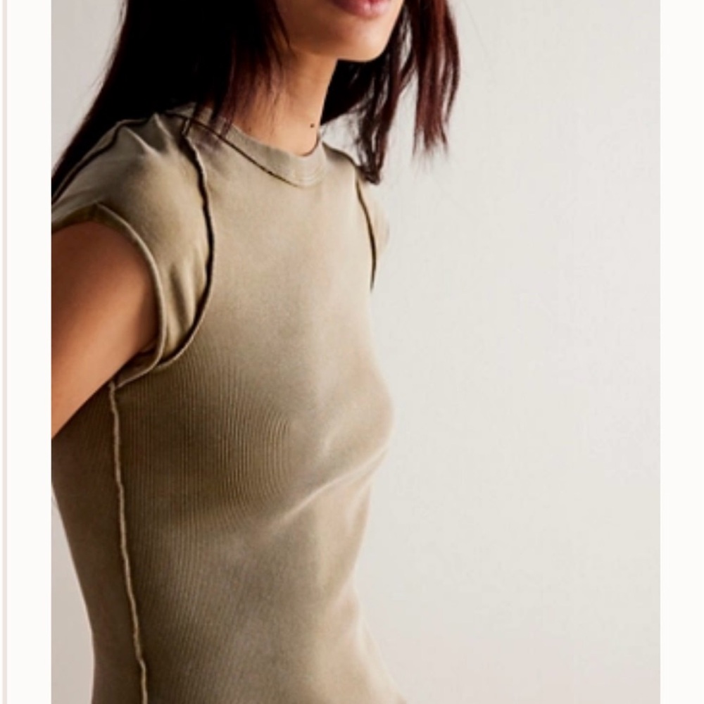 Free People Beige/Olive Ribbed Muscle Tee